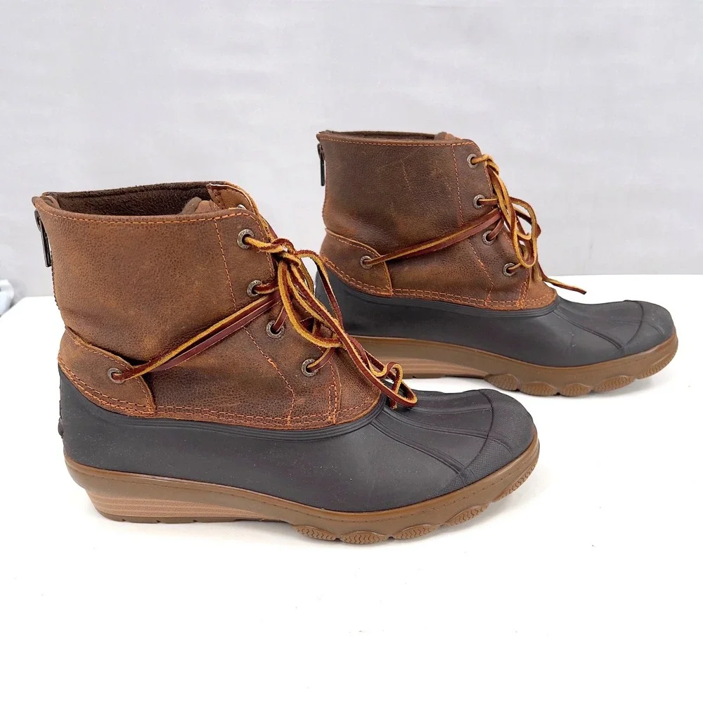Sperry Saltwater Wedge Womens Duck Boot Tan Brown Leather Rubber Zip‎ 9.5